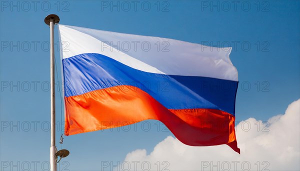The flag of Russia flutters in the wind, isolated against a blue sky