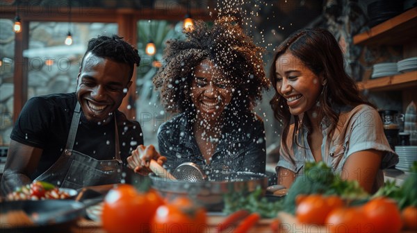 Two women and a man are joyfully engaging in playful cooking, creating a fun atmosphere in a kitchen, AI generated