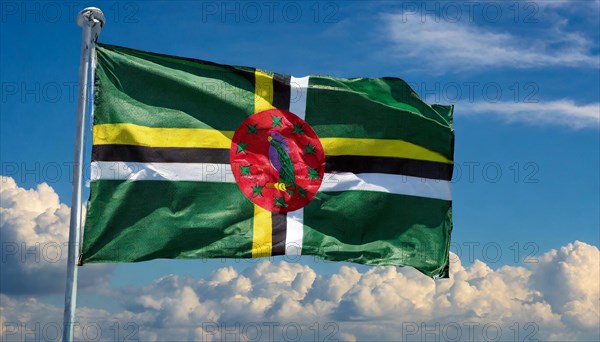 The flag of Dominica, Lesser Antilles, Caribbean, fluttering in the wind, isolated, against the blue sky