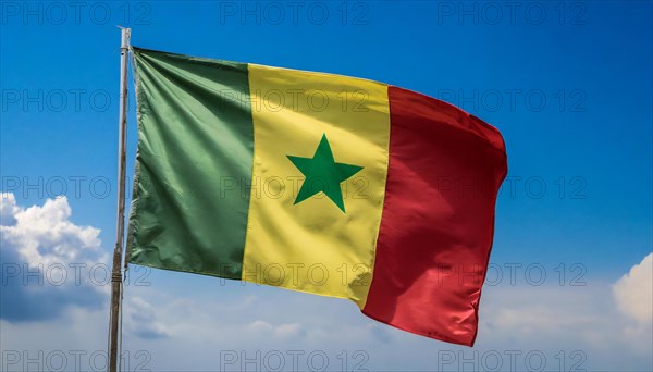 The flag of Senegal, fluttering in the wind, isolated, against the blue sky