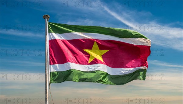 The flag of Suriname, fluttering in the wind, isolated, against the blue sky