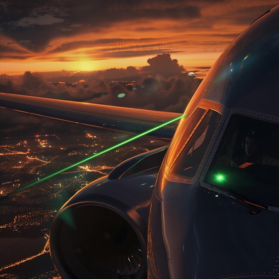 Pilot in the cockpit of an aeroplane flying over a city with green lasers at night, laser attack on an airliner, AI generated