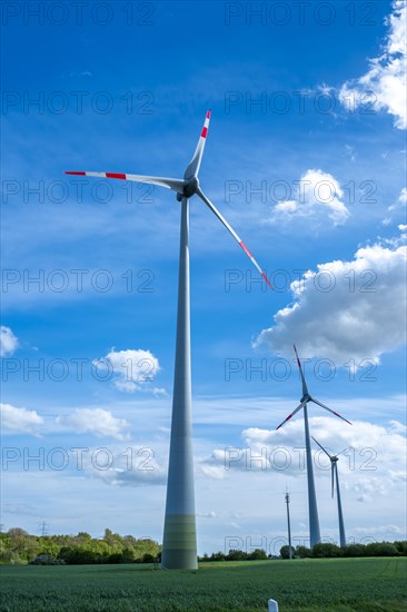 Wind turbines near the Avacon substation Helmstedt, Helmstedt, Lower Saxony, Germany, Europe