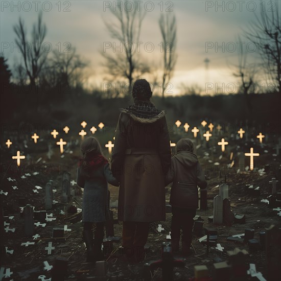 A family stands in a cemetery, surrounded by crosses as darkness falls, war, war graves, military cemetery, AI generated
