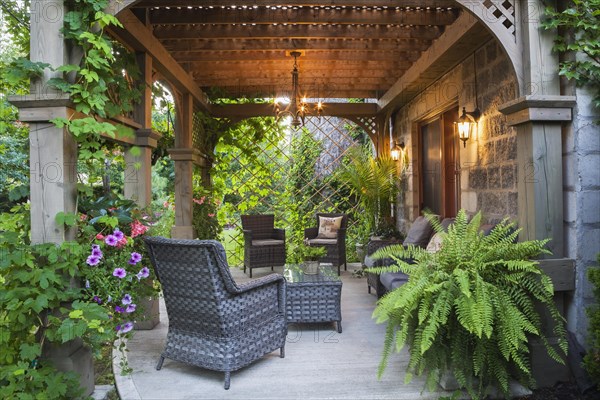 Rear of Renaissance grey stone and mortar castle style home with concrete patio and lattice covered wooden gazebo decorated with climbing Vitis, vines, purple Petunias and Adiantum palmatum, Maidenhair Ferns in planter in summer at dusk, Quebec, Canada, North America
