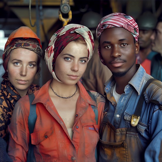 Portrait of three young people with intense gaze in coloured work clothes, group picture with people in work clothes of different nationalities and cultures, KI generated, AI generated