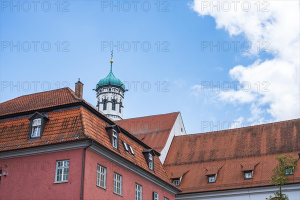 Roof structures and church spire in the old town centre of Memmingen, Swabia, Bavaria, Germany, Europe