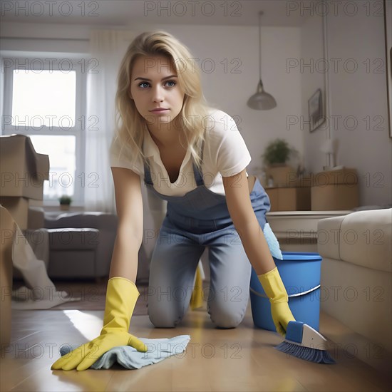 A young woman cleaning looks directly into the camera while mopping the floor, No desire to tidy up, AI generated