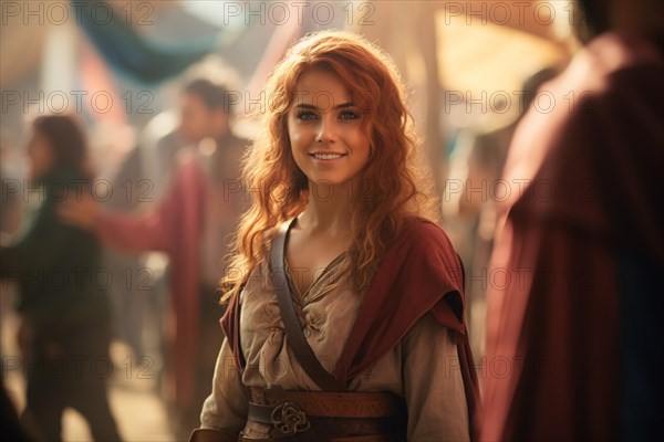 Beautiful woman in medieval style fantasy role playing game costume garment with blurry people at renaissance fair in background. KI generiert, generiert, AI generated
