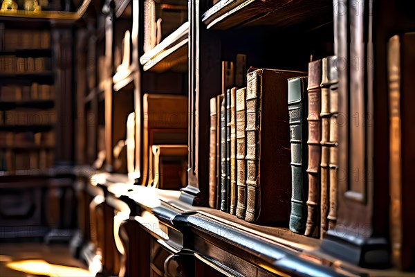 AI generated old library with antique wooden bookshelves