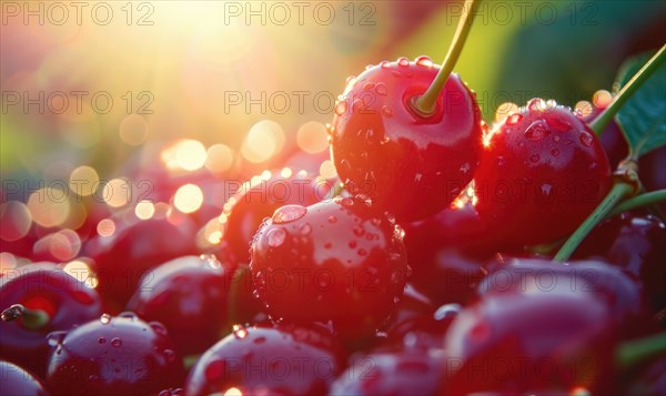 Close-up of a cluster of ripe cherries glistening in the sunlight AI generated