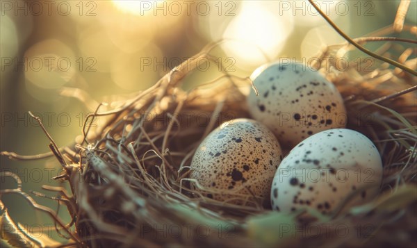 Close-up of a nest with speckled eggs AI generated