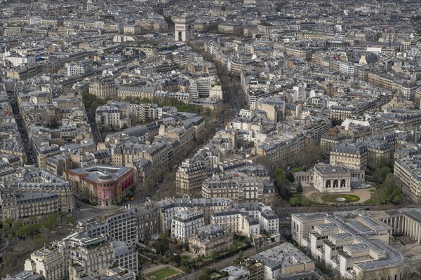 City view from the top of the Eiffel Tower towards the Arc de Triomphe, Paris, France, Europe