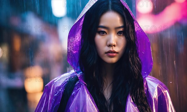 Beautiful asian woman in purple raincoat walking in the city. ai generative, AI generated