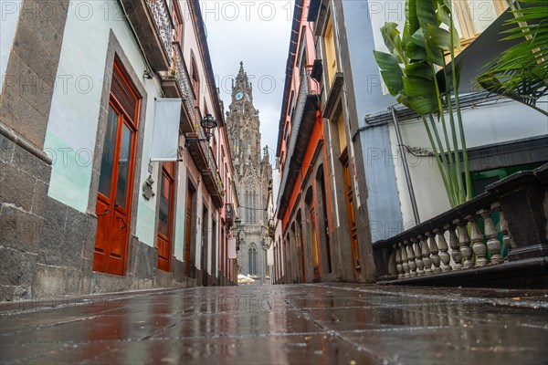Beautiful street next to the Church of San Juan Bautista, Arucas Cathedral, Gran Canaria, Spain, Europe