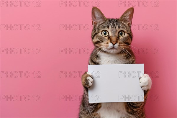 Tabby cat holding empty white sign in front of studio background. KI generiert, generiert, AI generated