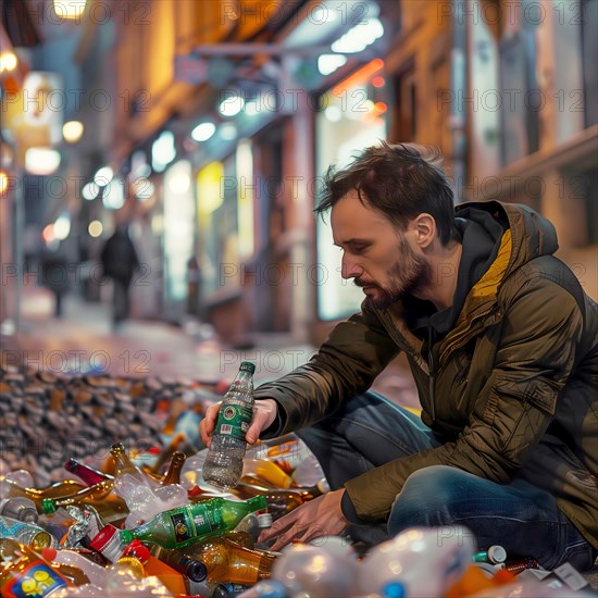 A man sits on a floor littered with empty bottles, surrounded by night-time street lighting, AI generated