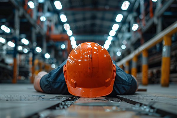 Worker with safety helmet lying on warehouse floor after accident. KI generiert, generiert, AI generated