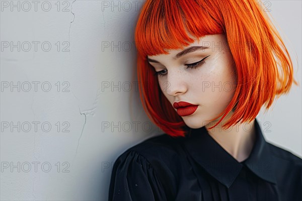 Portrait of young attractive woman with red hair with bob hairstyle with bangs and black eye makeup. KI generiert, generiert, AI generated