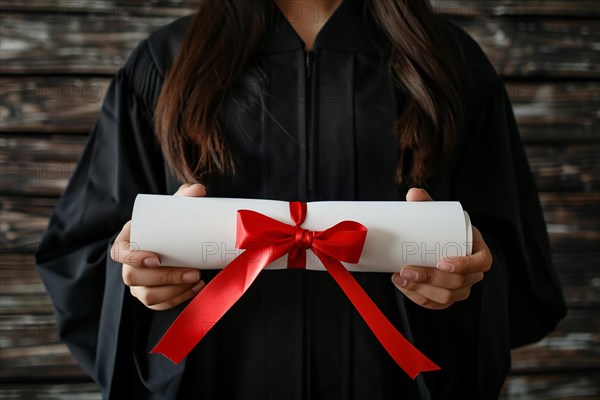 Woman in graduation robe holding degree paper certificate roll with red ribbon. KI generiert, generiert, AI generated