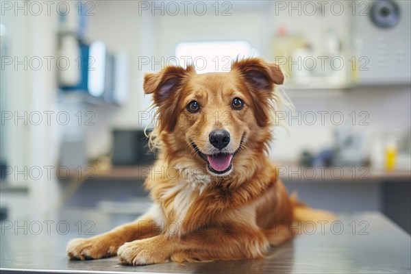 Dog at vet. Sitting on examination table at veterinary practice clinic. KI generiert, generiert, AI generated