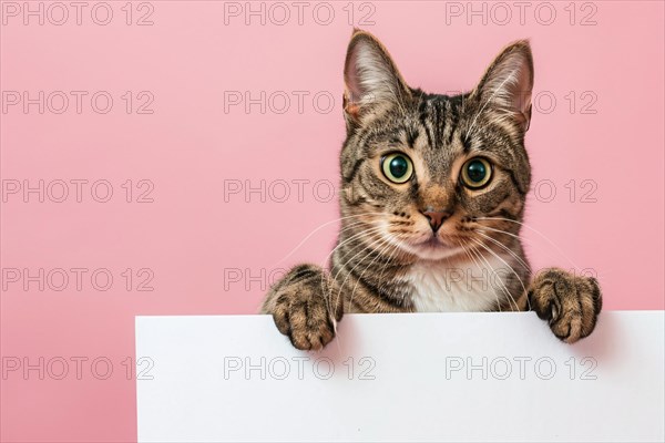 Tabby cat holding empty white paper in front of pink studio background with copy space. Generative Ai, AI generated