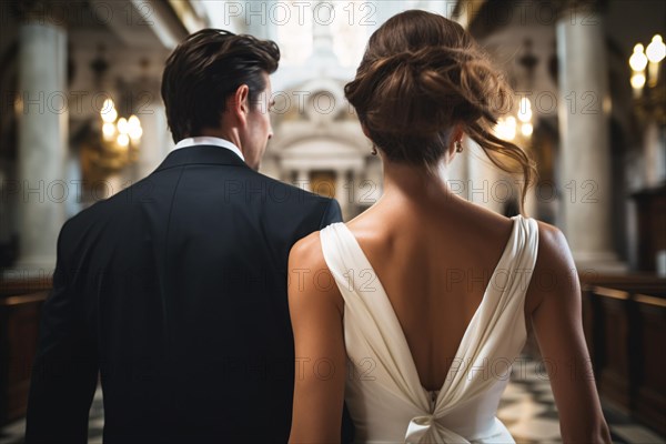 Back view of wedding couple in church. KI generiert, generiert, AI generated