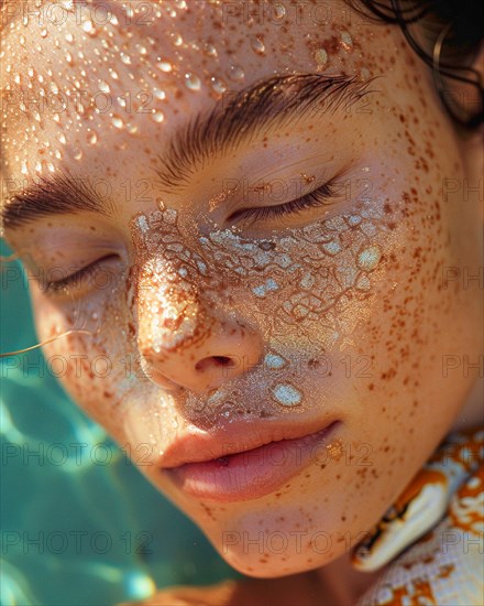 Serene underwater image of a woman with freckles and glitter, evoking tranquility, blurry teal turquoise solid background, beauty product studio light, fashion artsy make up, high concept potraiture, AI generated