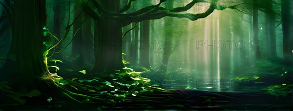 AI generated ethereal mystical forest scene with digital glow effects