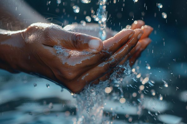 Cupped hands catching wtare from sink. Generative AI, AI generated