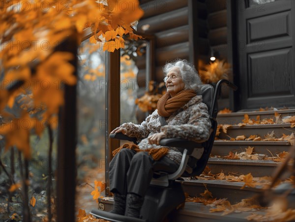 A pensioner rides a stair lift up a flight of stairs, AI generated