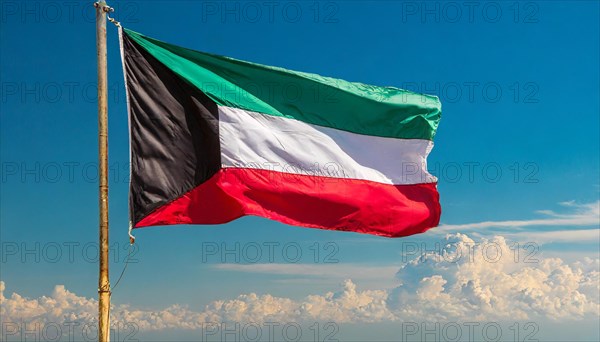 The flag of Kuwait flutters in the wind, isolated against a blue sky