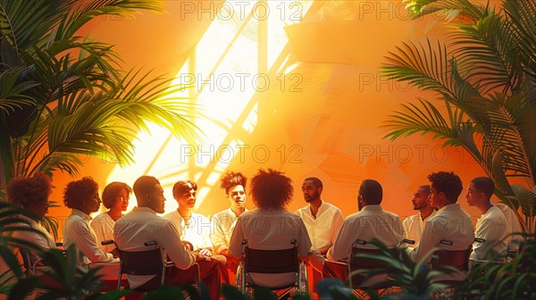 Circle of individuals in white, engaged in conversation amid an ambient setting with palm trees, AI generated