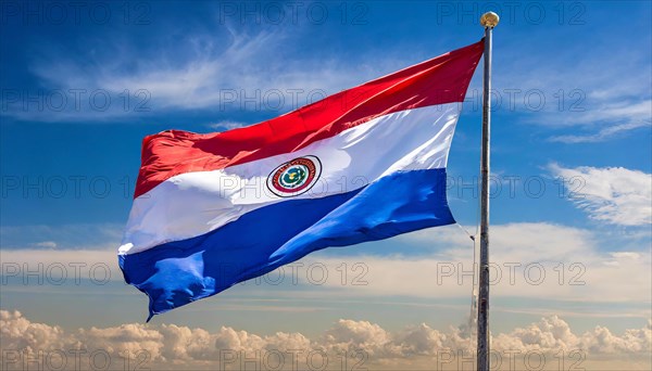 The flag of Paraguay flutters in the wind, isolated against a blue sky