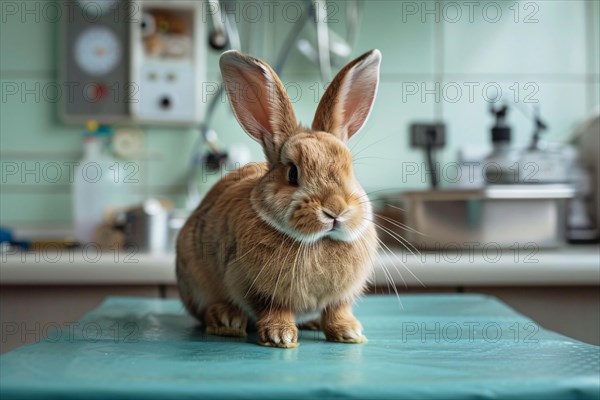 Bunny sitting on table at vet. KI generiert, generiert, AI generated