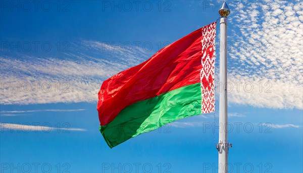 The flag of Belarus flutters in the wind, isolated, against the blue sky