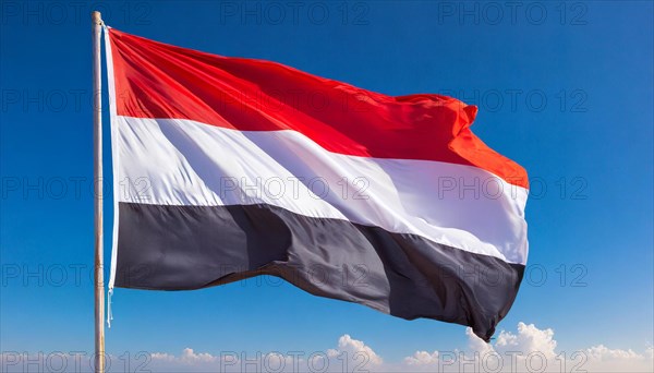 The flag of Yemen, fluttering in the wind, isolated, against the blue sky