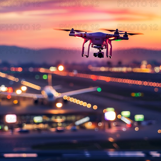 Night scene with a drone in the foreground and an aircraft landing in the background, drone, attack, AI generated