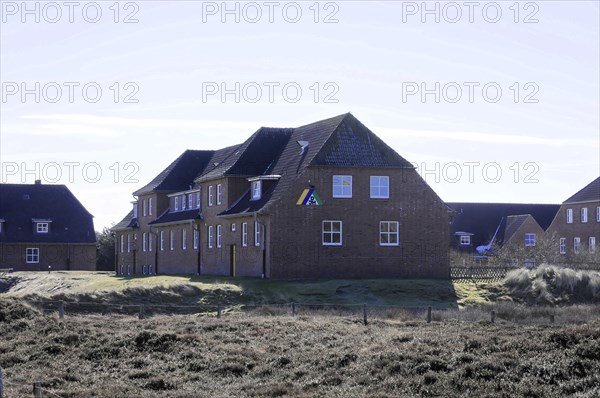 Sylt, Schleswig-Holstein, List Youth Hostel, New brick building with large windows on a green meadow in the shade, Sylt, North Frisian Island, Schleswig-Holstein, Germany, Europe