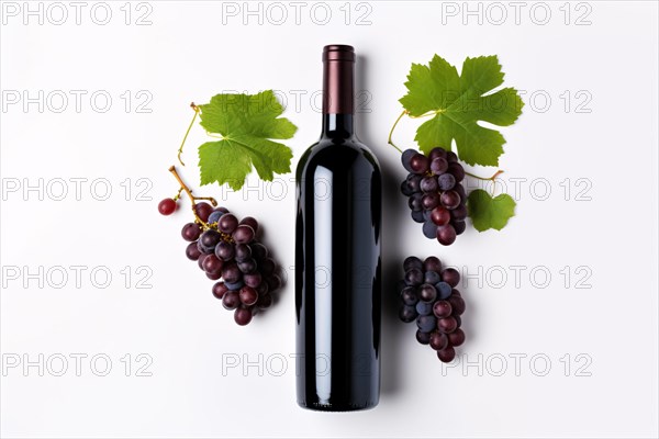 Bottle of red wine with grapes on white background. KI generiert, generiert, AI generated