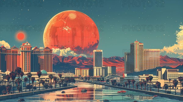 A cityscape with futuristic elements and a large planet in the pastel-colored sky, ai generated, AI generated
