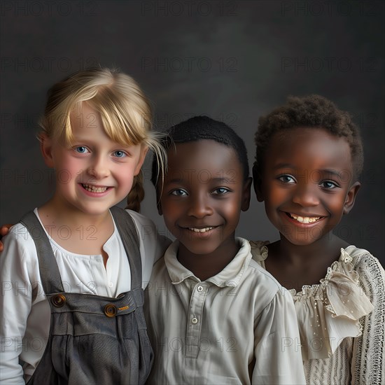 Three children smiling gently and showing their friendship in a warm and gentle portrait, group picture with laughing children of different nationalities and cultures, KI generated, AI generated