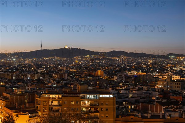 View of the Tibidabo and the city of Barcelona by night, Barcelona, Spain, Europe