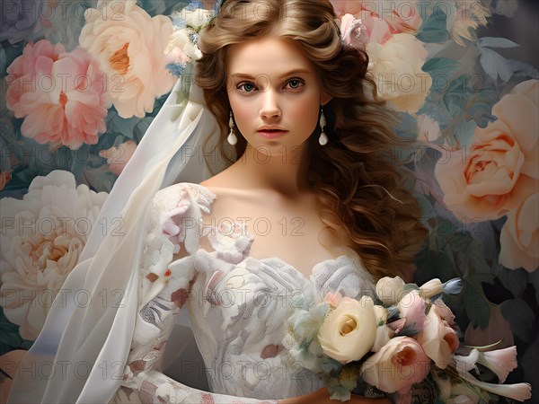 AI generated traditional bridal portrait with digital floral patterns