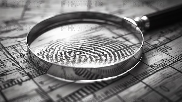Magnifying glass resting on a fingerprint on paper. generative AI, AI generated