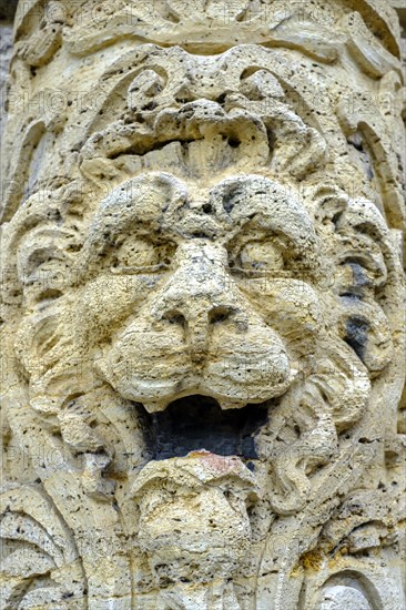 Historic ornamental and facade element made of stone in the shape of a lion's head, old town centre of Lindau (Lake Constance), Bavaria, Germany, Europe
