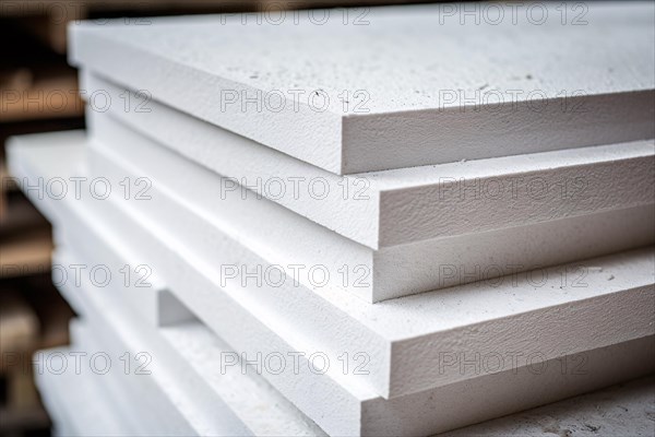 Close up of stack of white extruded polystyrene sheets insulative material for buildings. KI generiert, generiert, AI generated