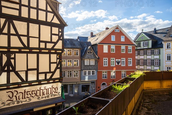 Old half-timbered houses in a town. Streets and buildings in the morning in Wetzlar, Hesse Germany