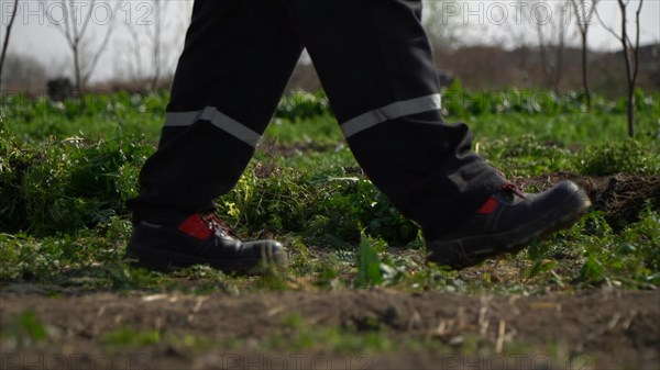 Close up of the legs of a man walking through the garden