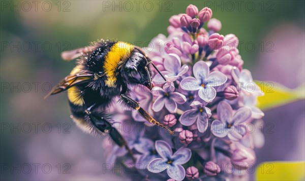 Close-up of a bumblebee pollinating lilac flowers AI generated